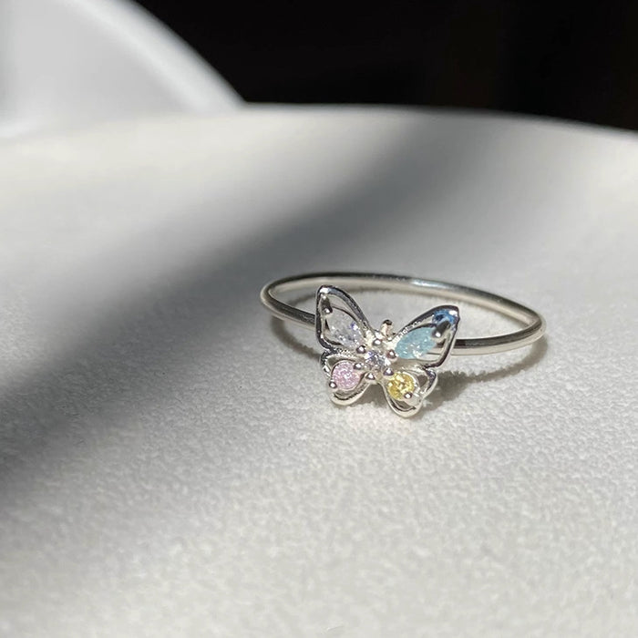 Wholesale Butterfly ring atmosphere inlaid with colorful zirconium ring, daily simple color dream butterfly index finger ring with opening