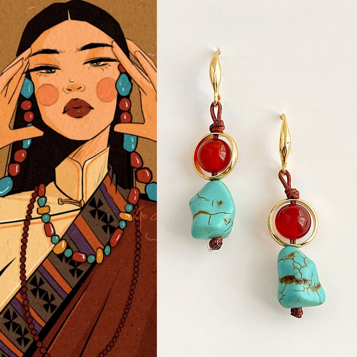 Wholesale Synthetic turquoise earrings with retro personality, ear hooks, personalized and niche earrings