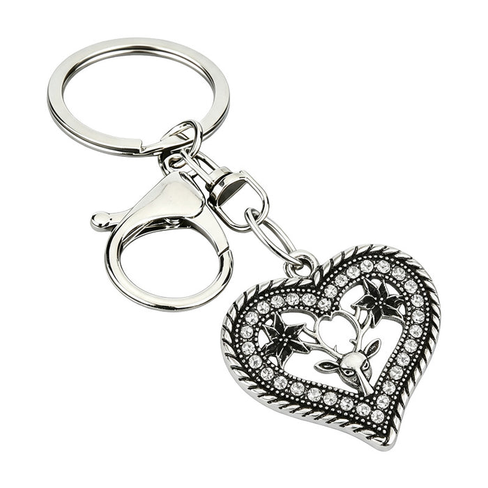 Wholesale Vintage Heart Elk Keychain Alloy Bag Charm Sparkling Design Car Key Accessory Gift