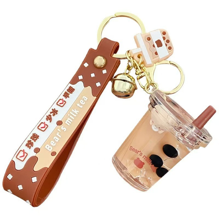 Wholesale bubble tea keychain floating small milk bear liquid quicksand bottle pendant couple gift bag hanging ornaments for women