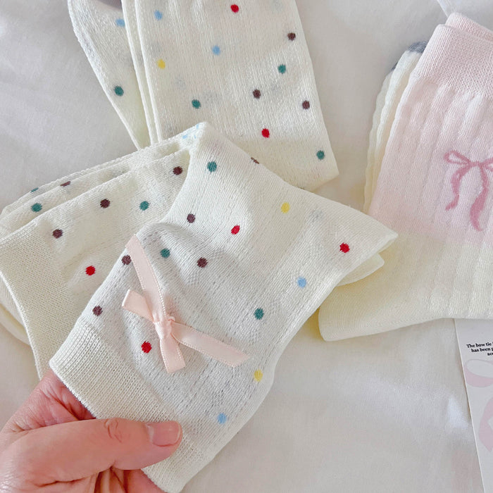 Wholesale Polka dot socks with bow tie, polka dot mid tube socks, thin and breathable, college style cotton socks
