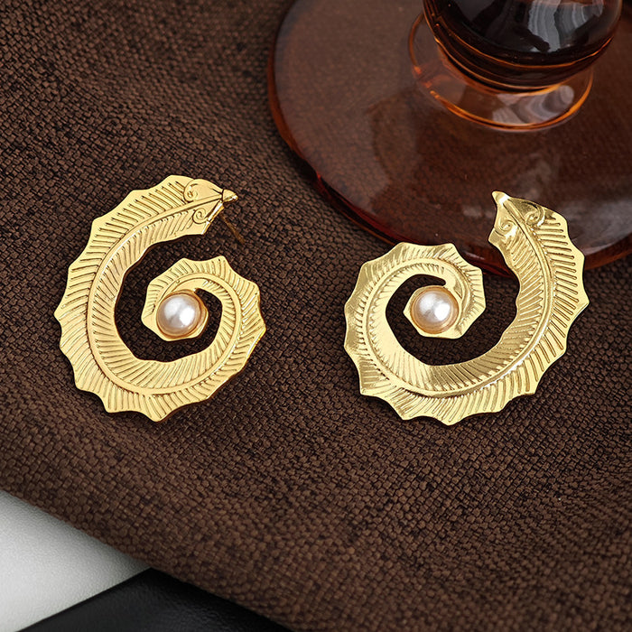 Wholesale Retro conch pearl titanium steel earrings with simple spiral texture, light luxury, fashionable personality, trendy earrings