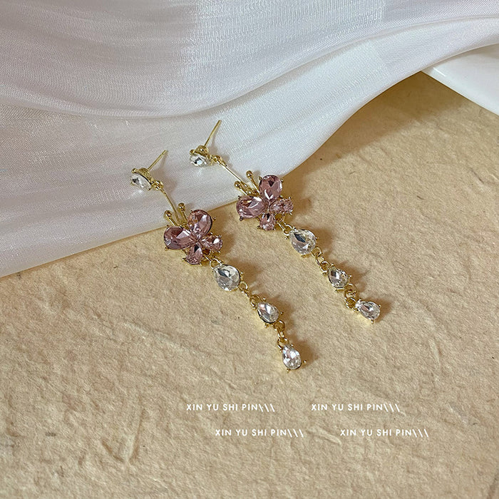 Wholesale Romantic and sweet zircon butterfly tassel earrings with diamond inlay, new niche design, exquisite and versatile ear accessories