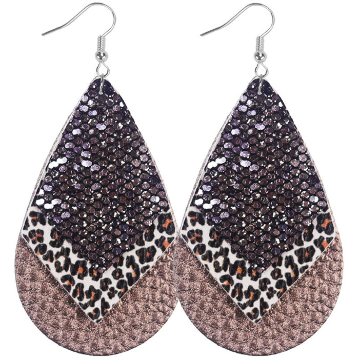 Wholesale Bohemian Style Multi-Layered Classic Leopard Print Sequin Women' s Leather Earrings Available in Multiple Colors