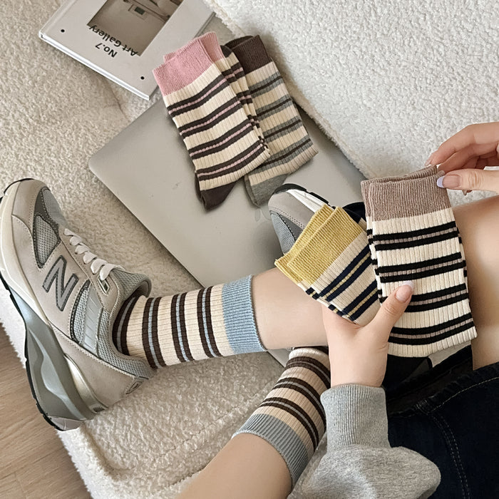 Wholesale Striped pile socks, contrasting socks, double needle sweat absorbing mid tube socks