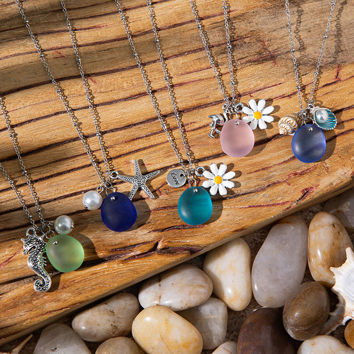 Wholesale Zinc alloy starfish and seashell pendant necklace with glass chain