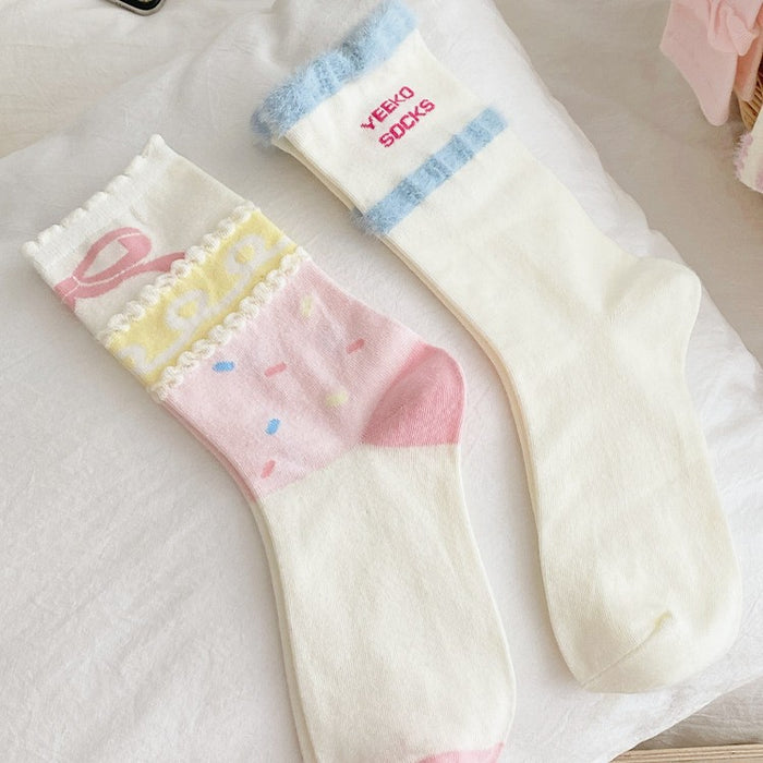 Wholesale Butterfly knot splicing plush socks with cartoon middle tube, cute for students