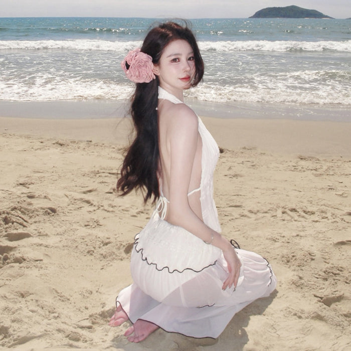 Wholesale Swimsuit pleated halter top, backless skirt set