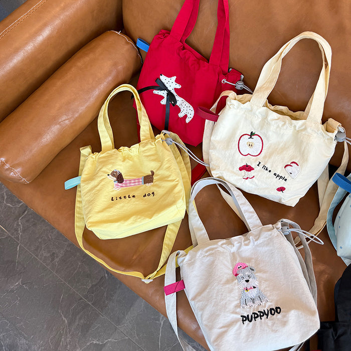 Wholesale New single shoulder canvas bag, cute cartoon embroidered crossbody bag, casual large capacity drawstring tote bag