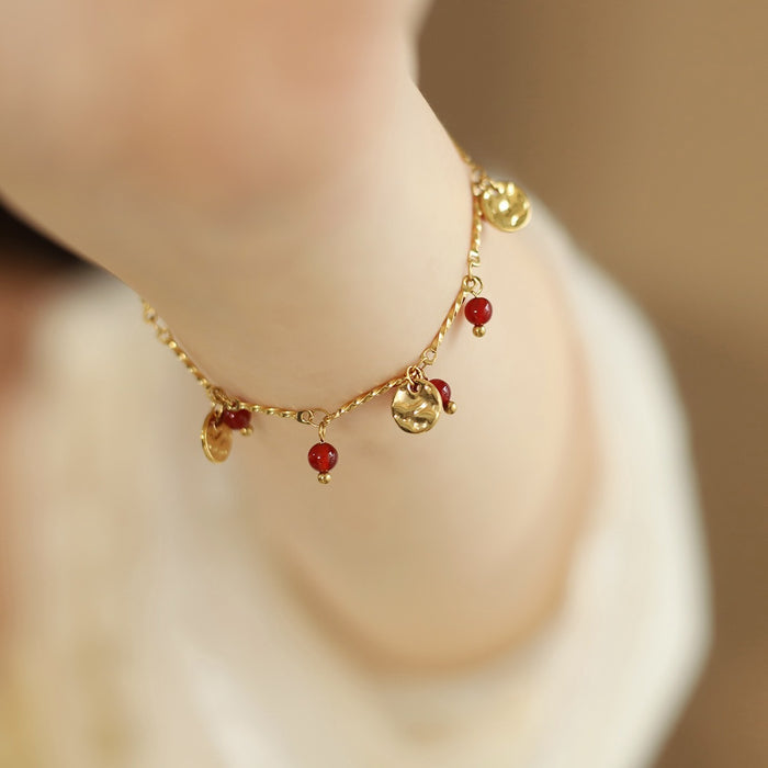 Wholesale Vintage sequined red agate bracelet with titanium steel gold-plated