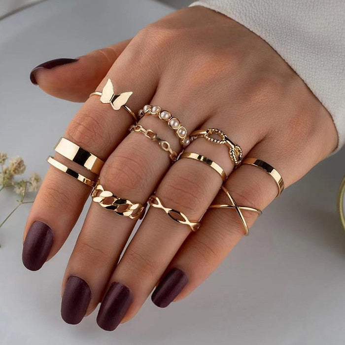 Wholesale Jewelry Simple Pearl Ring Butterfly Alloy Ring Set 10 Piece Set Batch
