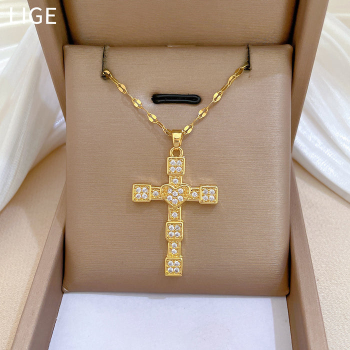 Wholesale Cross Full Diamond Titanium Steel Necklace JDC-NE-LiGe015