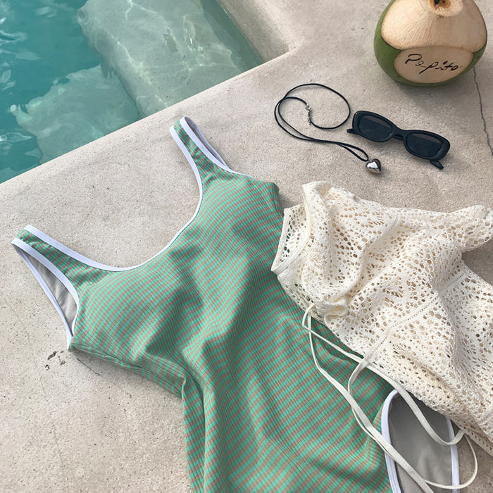 Wholesale One-piece green striped printed swimsuit