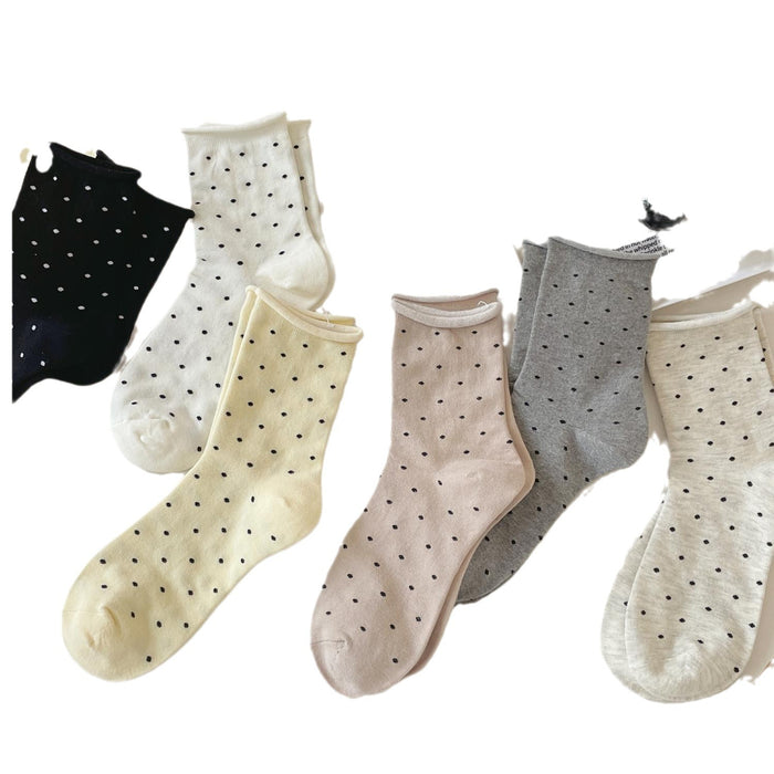Wholesale Curled edge polka dot socks, mid tube socks, anti odor and sweat absorbing, summer thin style, spring and autumn breathable pile socks