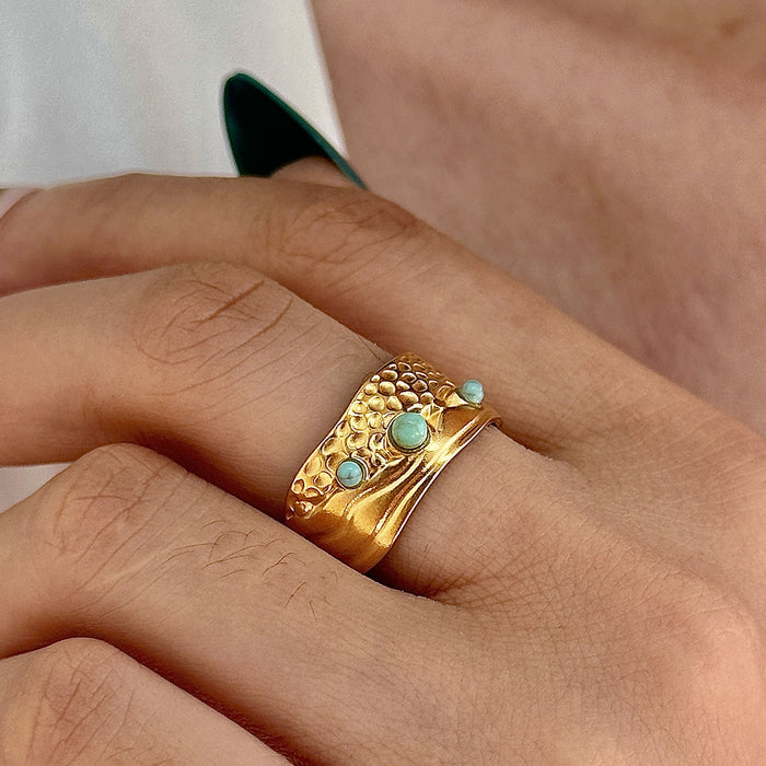 Wholesale Stainless Steel Gold Turquoise Leaf Adjustable Ring