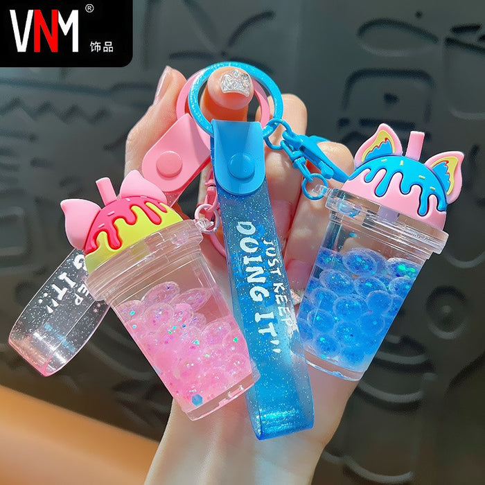 Wholesale Oil-filled bubble bead cat ear milk tea cup keychain