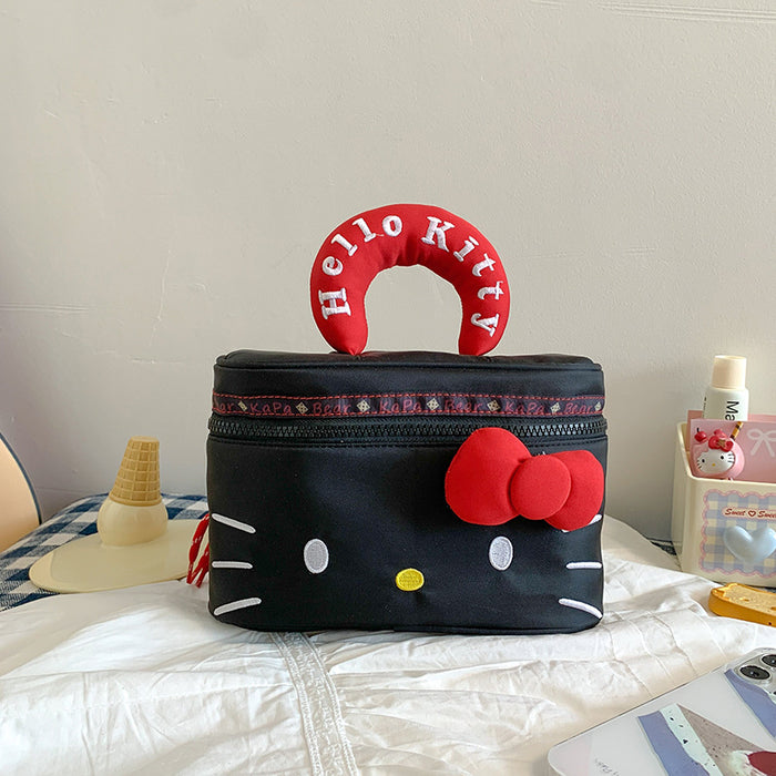 Wholesale Cute black kitten handbag with cartoon bow,  a storage and makeup bag.