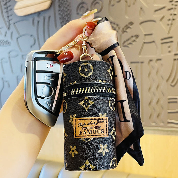 Wholesale New Creative Bucket Leather Keychain Cylinder Lipstick Storage Mini Portable Storage Bag