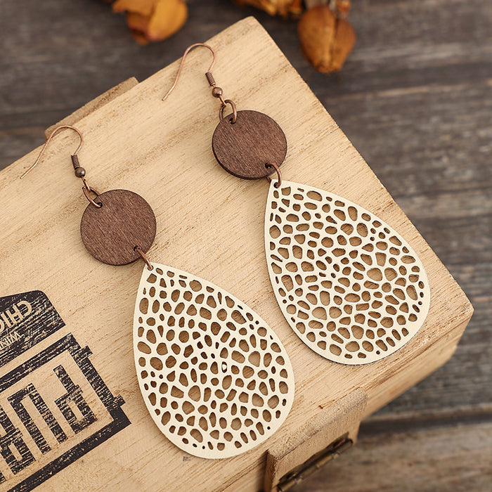 Wholesale Vintage hollowed out spider web spliced wood veneer earrings and earrings