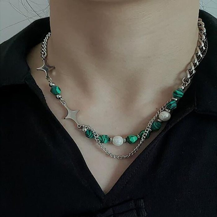 Wholesale Natural stone splicing cross star shaped necklace, collarbone chain, emerald inlaid bead accessory