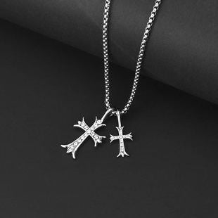 Wholesale Diamond Size Double Cross Titanium Steel Necklace JDC-NE-JuXing009