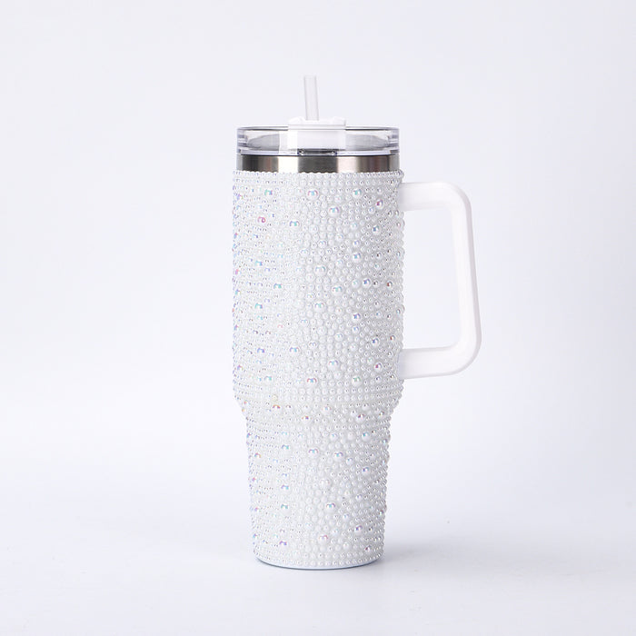 Wholesale Stainless steel pearl insulation cup,  large capacity,  pearl inlaid car cup,  40oz handle,  straw sticker,  diamond ice cup