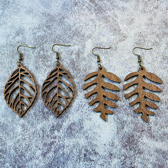 Wholesale Wooden earrings hollow cutting retro leaf shape Bohemian earrings