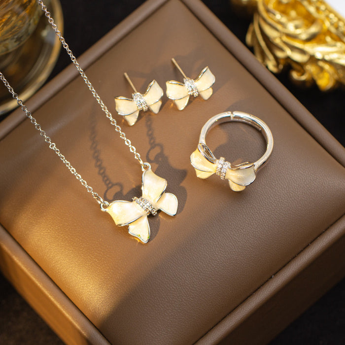 Wholesale Titanium Steel Necklace Bow Pendant Earrings Rings Set