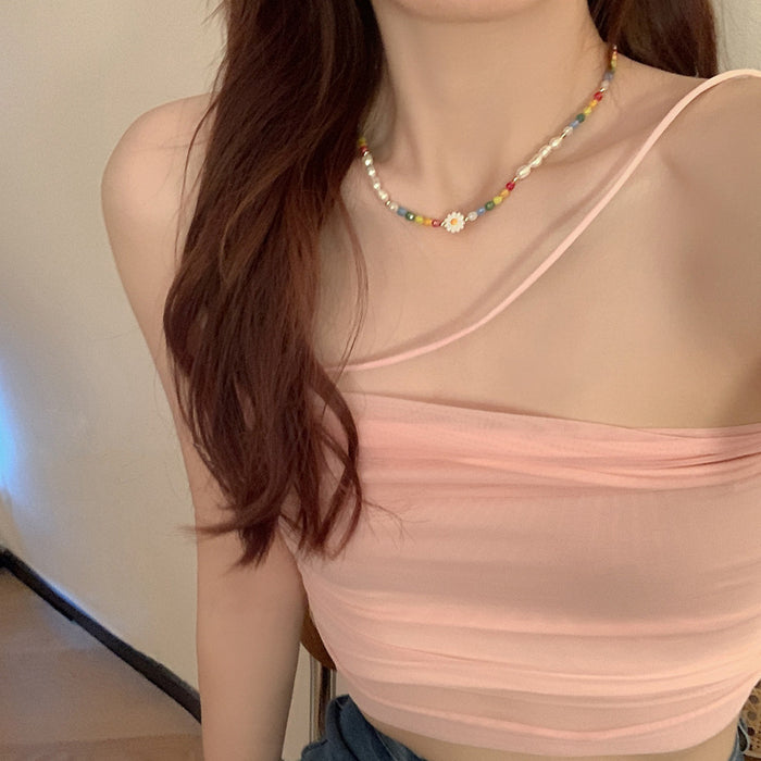 Wholesale Color Daisy Flower Necklace Pearl Women  Clavicle Chain Design Neck Chain Bracelet