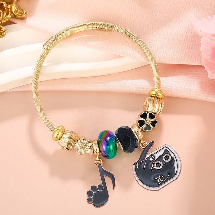 Wholesale Cute Cartoon Black Cat Pendant Stainless Steel Open Adjustable Bracelet Jewelry MOQ≥2 Accessory for Women