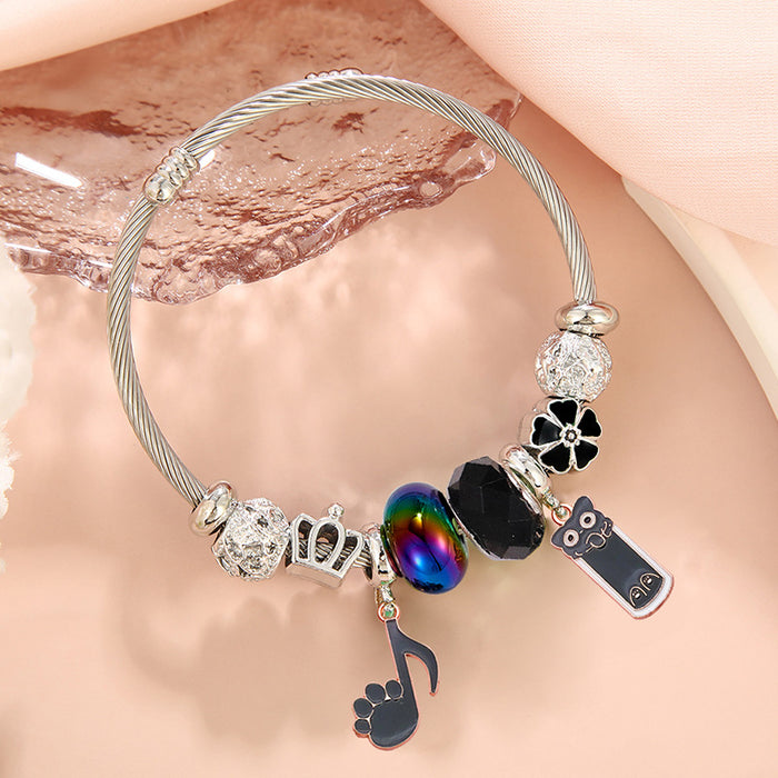 Wholesale Stainless Steel Plated Cartoon Black Cat Pendant Adjustable Bracelet for Women Party Wear