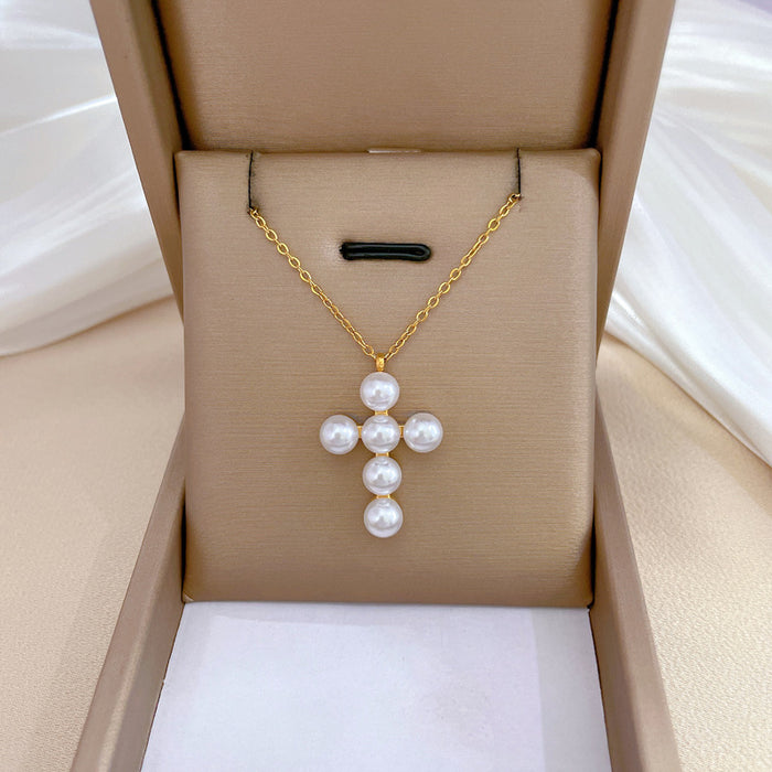 Wholesale Pearl Cross Titanium Steel Necklace JDC-NE-LiGe012