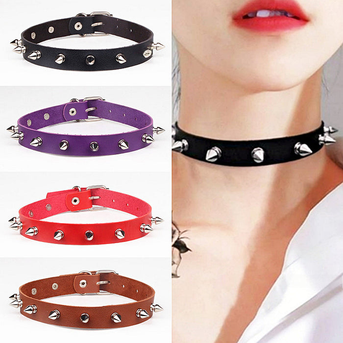 Wholesale Sharp nail rivet PU leather collar neck chain with collarbone chain