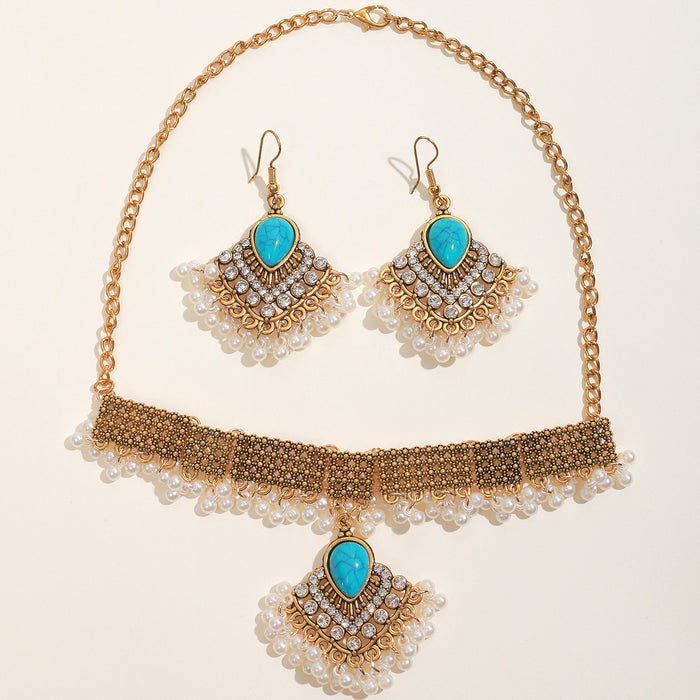 Wholesale Bohemian Turquoise Fringe Earrings and Necklace Set Alloy Jewelry