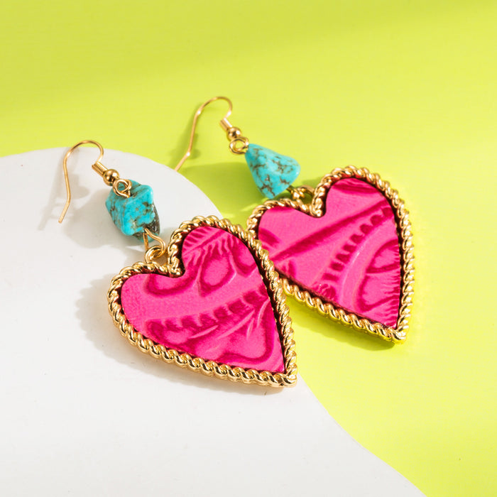 Wholesale Alloy leather printed turquoise heart earrings
