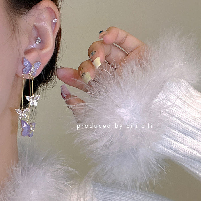 Wholesale Butterfly long tassel earrings, earrings, high-end feel, no ear holes, ear clips