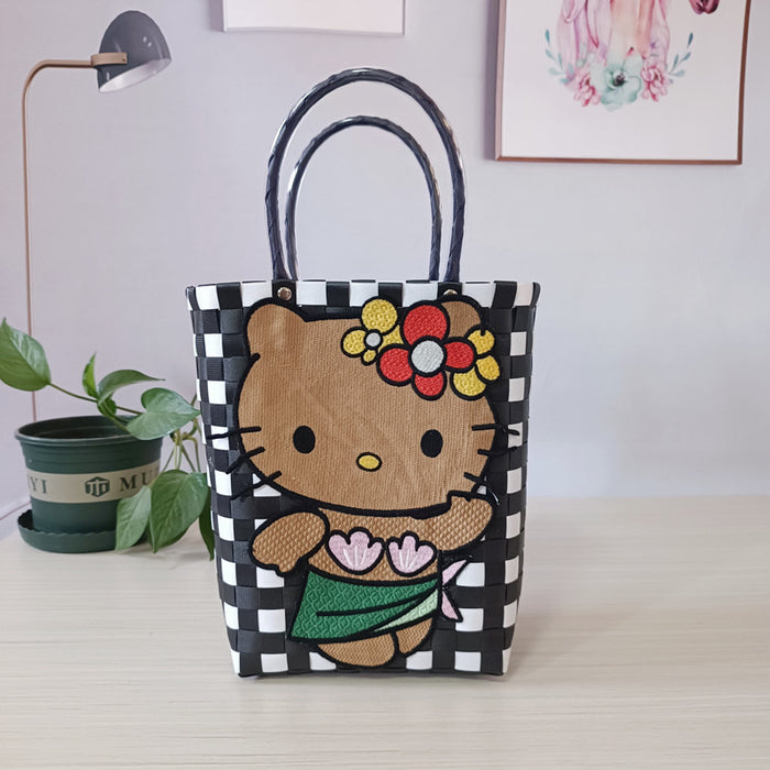 Wholesale Cat Vacation Casual Woven Bag Cute Cartoon Embroidered Bag