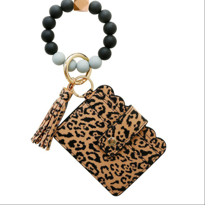 Wholesale Silicone Beads Beaded Wrist Ring Keychain Card Holder Leopard Print PU Tassel Advanced Sense Key Chain Card Holder