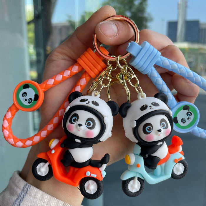 Wholesale Cartoon Motorcycle Panda Keychain 3D Doll Car Keychain Bag Pendant Hanging Decoration Baby Grabbing Machine Small Gift