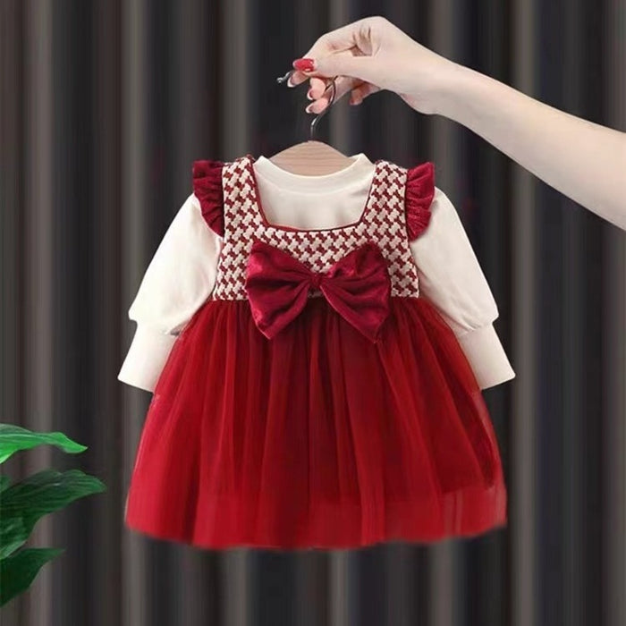 Wholesale Girls Red Bowknot Dress Spring and Autumn New Fake Two-piece Splicing Long Sleeve Fashion Cute Princess Dress JDC-CTS-MianY011