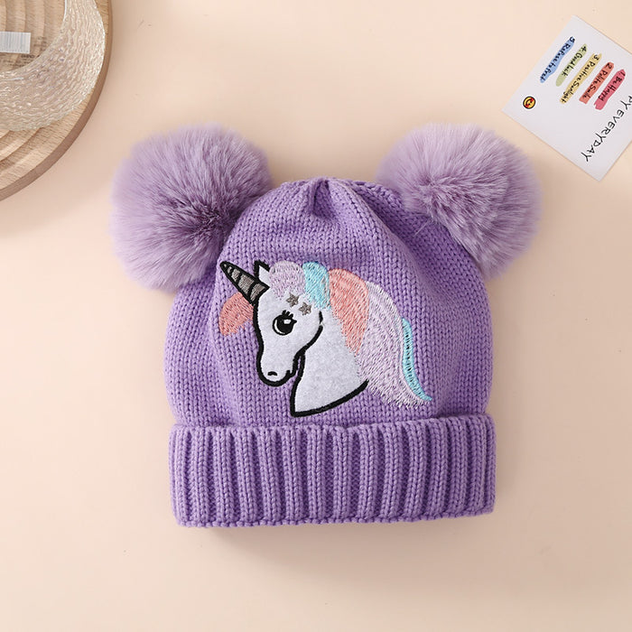 Wholesale Children' s Knit Hat for Autumn and Winter  Embroidered Unicorn and Double Pom-Poms Warm Winter Hat