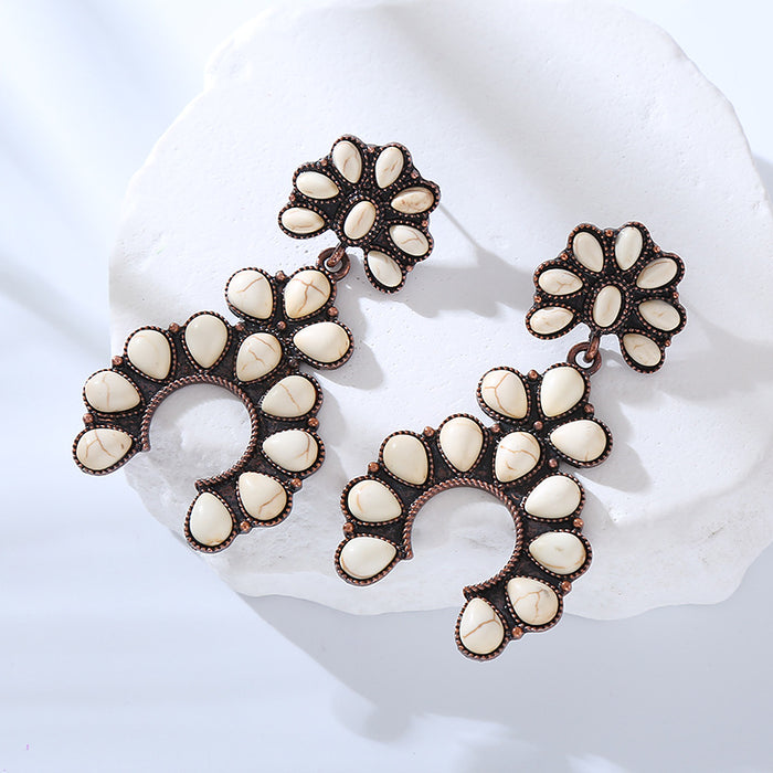 Wholesale Retro fan-shaped turquoise openwork statement earrings