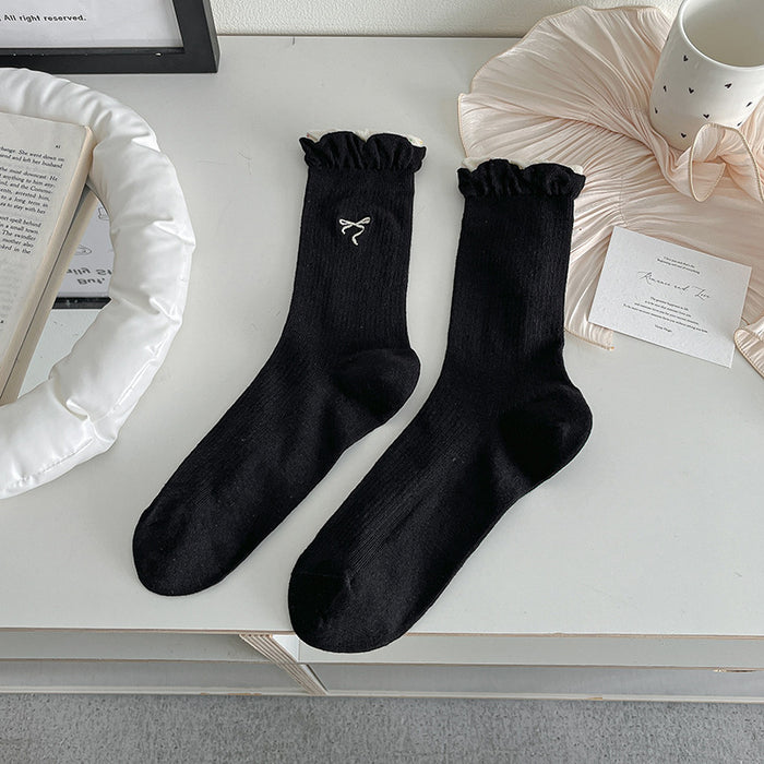 Wholesale Thin double-layer bubble mouth lace bow middle tube socks stacked with cotton socks