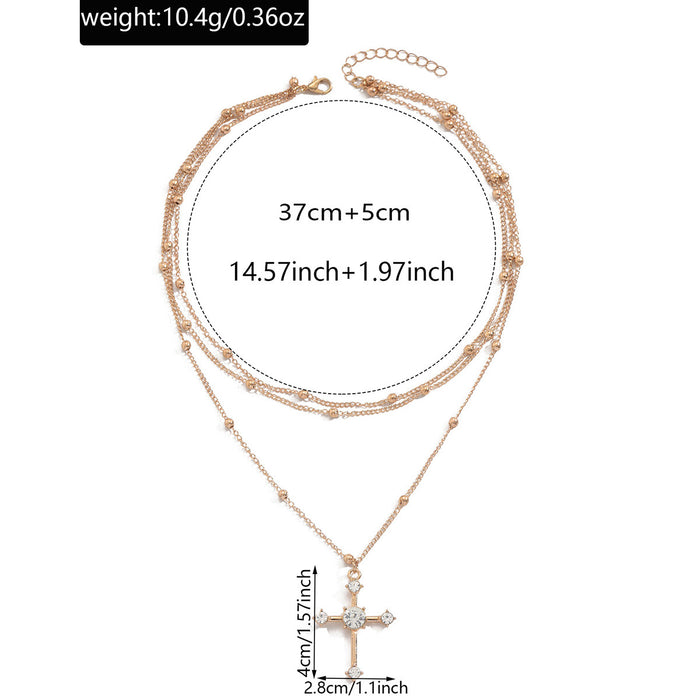 Wholesale Fashionable, minimalist, niche temperament cross necklace with multiple layers of diamonds and gold beads
