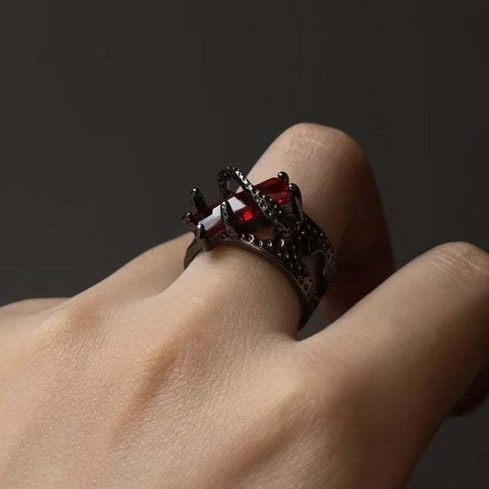 Wholesale New pure silver black and red gemstone light luxury high-end punk retro unisex open ring