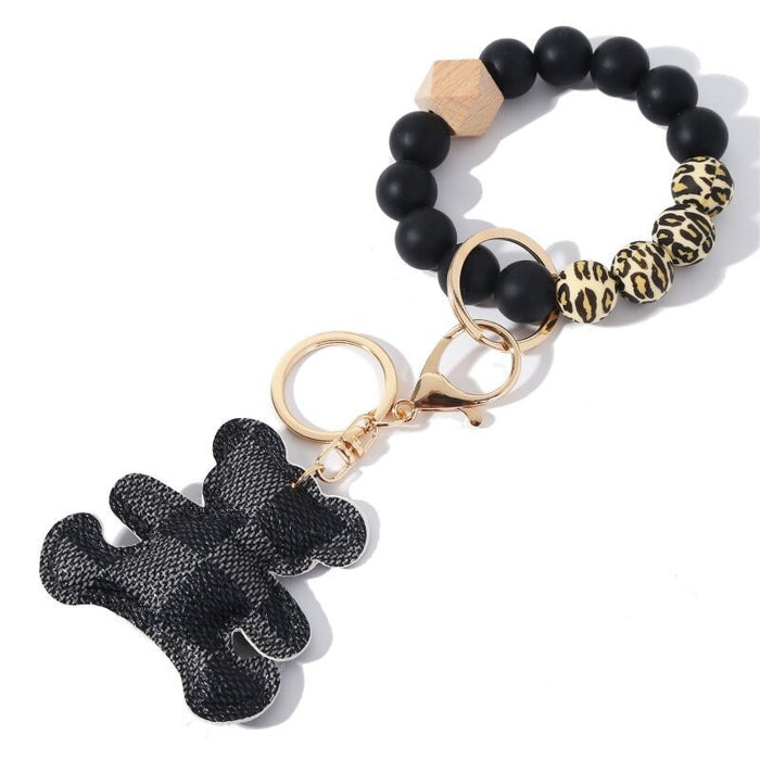 Wholesale Off-white Brown Plaid Bear PU Leather Silicone Beaded Wrist Keychain JDC-KC-HTong003