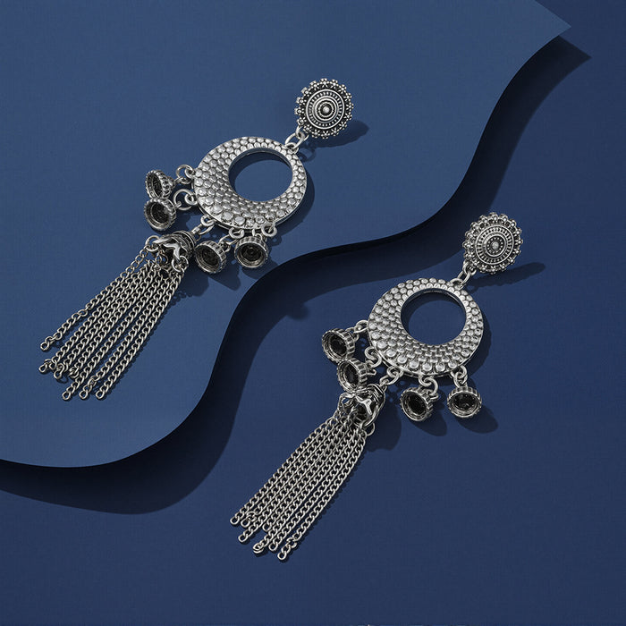 Wholesale Retro Bohemian Long Tassel Drop Earrings Heavy Industry Creative Ethnic Style Diamond-Encrusted High-End Earrings