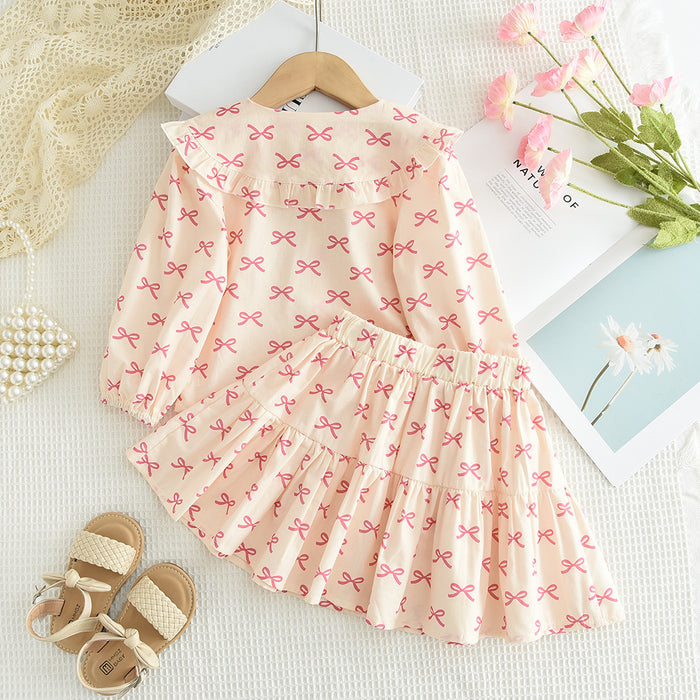 Wholesale Long Sleeve Printed Babydoll Skirt Bowknot Children's Suit JDC-CTS-DuoEr005