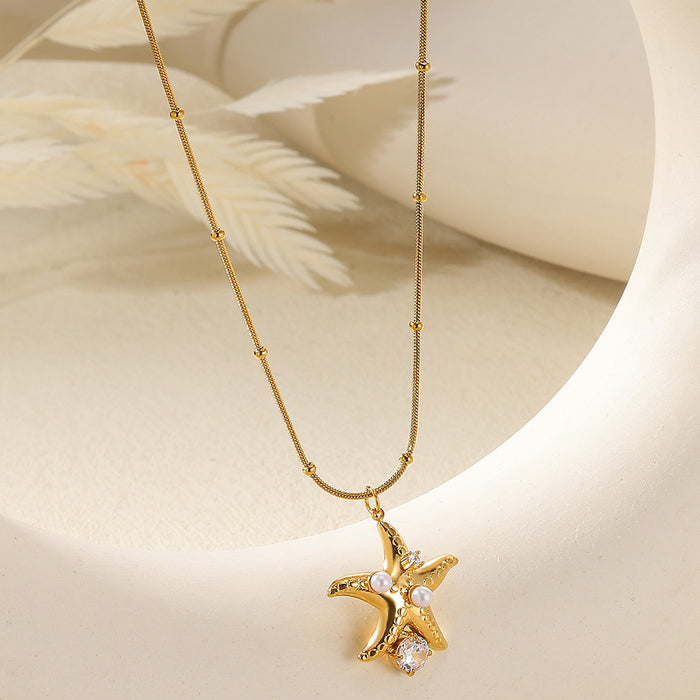 Wholesale Elegant Necklace Five-pointed Star Zircon Pearl Clavicle Chain  Titanium Steel