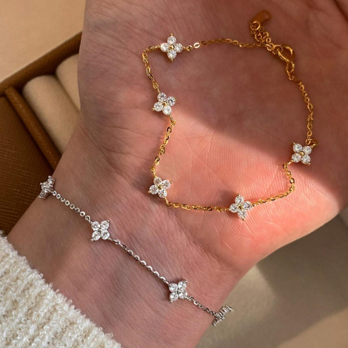 Wholesale Gold Brass Four-Leaf Flower CZ Bracelet Jewelry Accessory